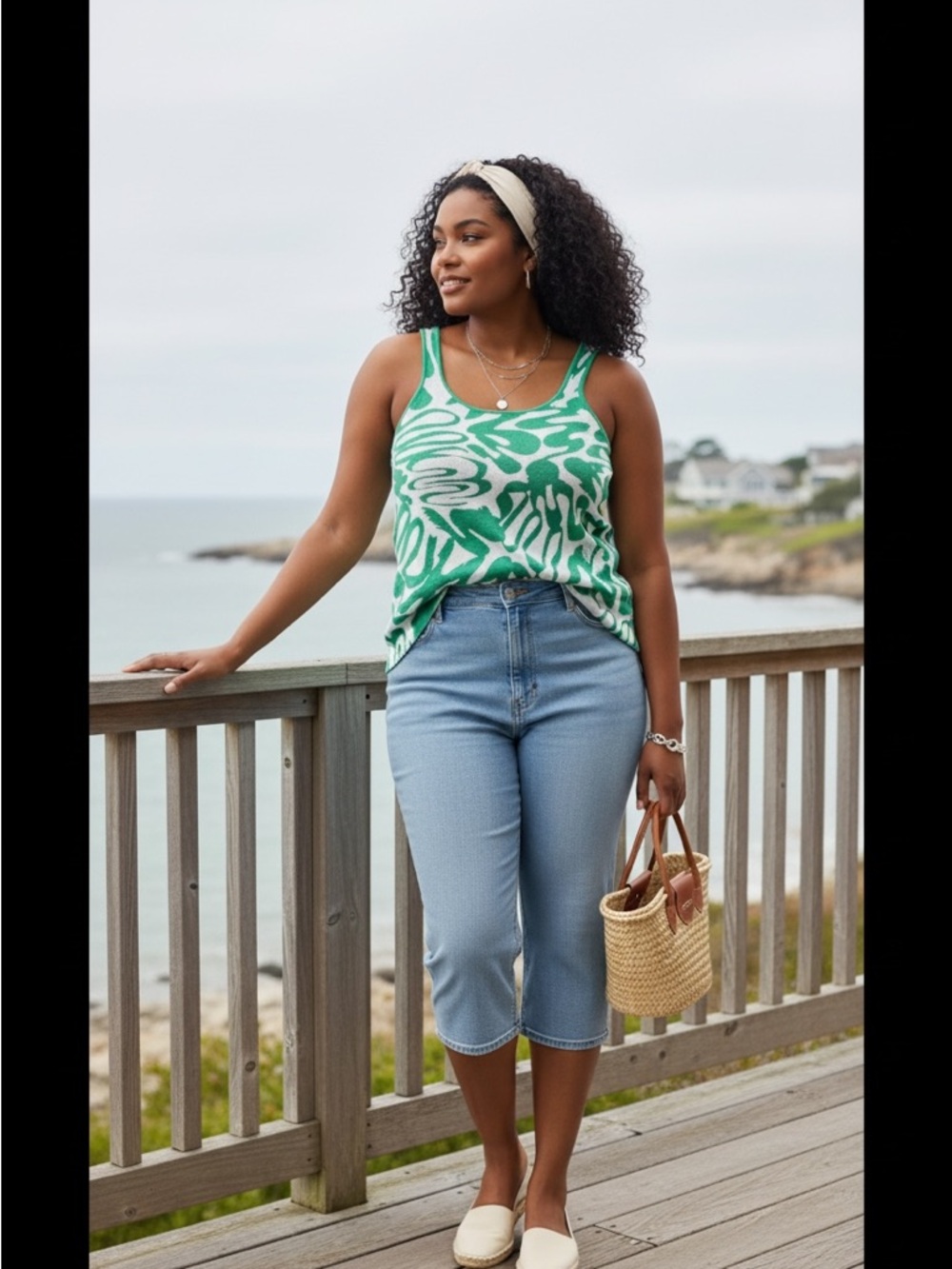 Eloquii Plus Size Coastal Grandma Cottagecore Green and White Pattern Knit Tank